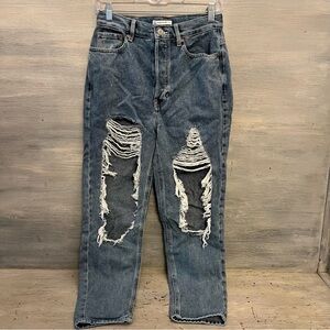 PacSun Ultra High Rise Slim Button Fly‎ Distressed Medium Wash Denim Blue Jeans